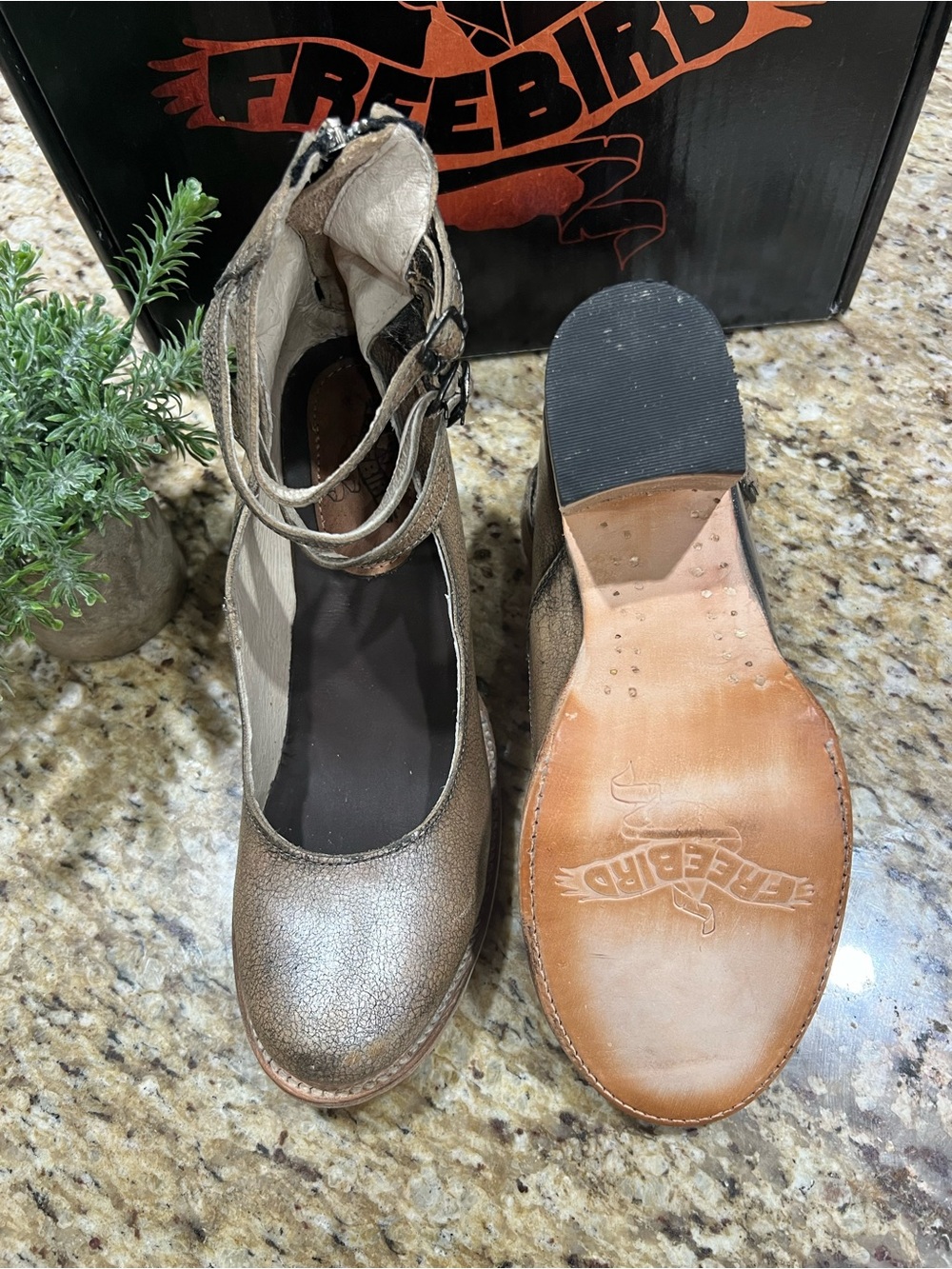 Freebird Randi Pewter/Metallic Taupe Leather Ankle Strap Block Heels 10 - Picture 11 of 13